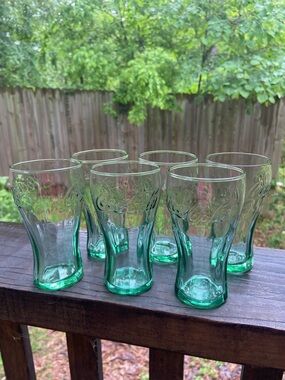 Set of 6 Mini Vintage Libby Coca-Cola Glasses with Green Tint 6oz. Coke Glasses